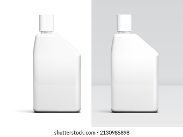 Plastikflasche zum Reinigen, Shampoo, Desinfektionsmittel oder zu einem anderen Hygieneartikel für den Hausgebrauch. Vorlage mit weißem Container und separaten Schatten und hellen Gruppen für die Bearbeitung.