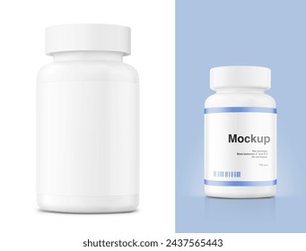 Plastic bottle mockup isolated on white and blue background. Can be used for medical, sport nutrition. Vector illustration. ready for your design. EPS10.