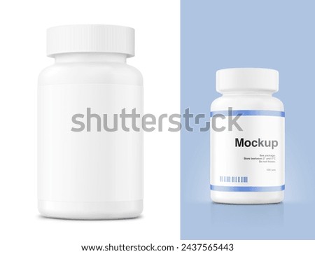 Plastic bottle mockup isolated on white and blue background. Can be used for medical, sport nutrition. Vector illustration. ready for your design. EPS10.
