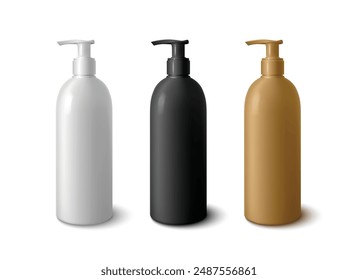 Plastic bottle mockup with pump cap. Black, white and brown package for skincare and makeup cosmetic product branding. Realistic 3d vector template of liquid soap or lotion container with dispenser.