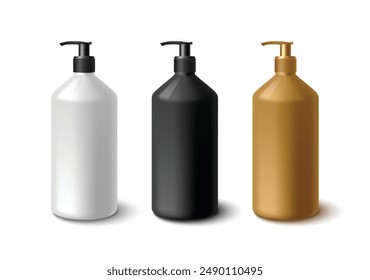 Plastic bottle mockup with pump cap. Black, white and brown package for skincare and makeup cosmetic product branding. Realistic 3d vector template of liquid soap or lotion container with dispenser.