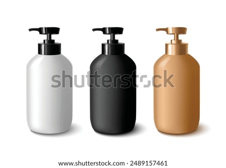 Plastic bottle mockup with pump cap. Black, white and brown package for skincare and makeup cosmetic product branding. Realistic 3d vector template of liquid soap or lotion container with dispenser.