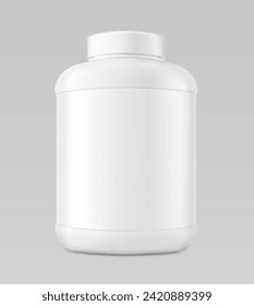 Modelación de botellas de plástico para nutrición deportiva. Ilustración vectorial aislada en fondo gris. Puede utilizarse para la plantilla su diseño, presentación, promoción y publicidad. EPS10.