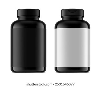 Plastic bottle mockups for nitric oxide booster, sports nutrition, additives. Vector illustration isolated on white background. Can be use for template your design, presentation, promo, ad. EPS10.