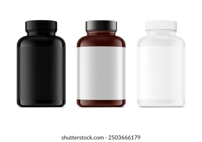 Plastic bottle mockups for nitric oxide booster, sports nutrition, additives. Vector illustration isolated on white background. Can be use for template your design, presentation, promo, ad. EPS10.