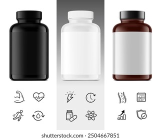 Plastic bottle mockups for nitric oxide booster, sports nutrition, additives with set icons. Vector illustration isolated on white background. Can be use for template your design, presentation. EPS10.