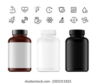 Maquetas de botellas de plástico para refuerzo de óxido nítrico, nutrición deportiva, aditivos con iconos de conjunto. Ilustración vectorial aislada sobre fondo blanco. Puede ser utilizado para la Plantilla de su diseño, presentación. EPS10.