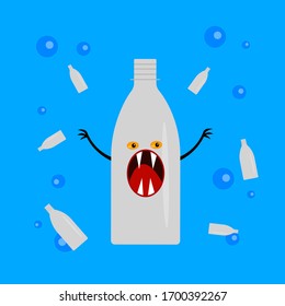 Plastic Bottle Monster Cartoon Character With Sharp Fangs And Claws Underwater On A Background Of Round Bubbles Concept Of Pollution Of The Ocean