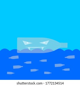 Plastic Bottle Monster Cartoon Character With Sharp Fangs And Evil Eyes Floats On Water Against A Blue Sky The Concept Of Pollution Of The Ocean And The Environment