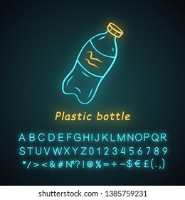 Plastic bottle neon light icon. Reusable empty plastic bottle. Drinking water waste. Ecology saving, recycle packaging. Glowing sign with alphabet, numbers and symbols. Vector isolated illustration