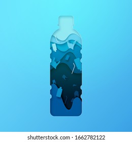 Plastic bottle and ocean pollution sign paper art style.Ecology and ocean environment concept.Vector illustration.