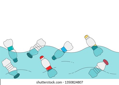 Plastic bottle in the ocean. Sea with trash, garbage, waste. Vector linear flat illustration of polluted environment.