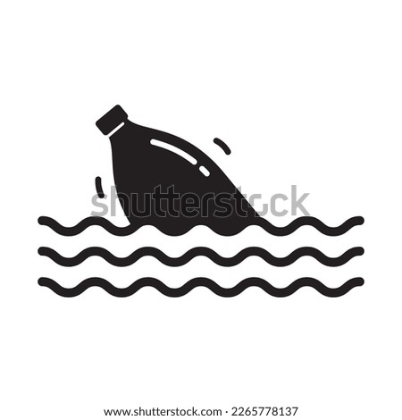 Plastic bottle in ocean, water pollution icon isolated flat design vector illustration element on white background.