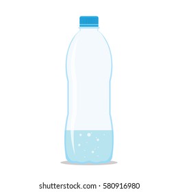 Plastic bottle one quarter filled of fresh sparkling water. Flat icon isolated on white background. Stylized vector eps10 illustration with transparency.