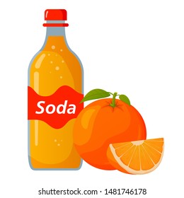 Plastic bottle orange lemonade soda.Ripe tropical citrus fruit.Flat illustration vector.Isolated on a white background.
