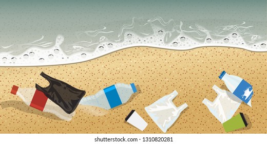 Plastic bottle and other plastics on seashore pollution concept advertisement template composition. Vector Illustration.