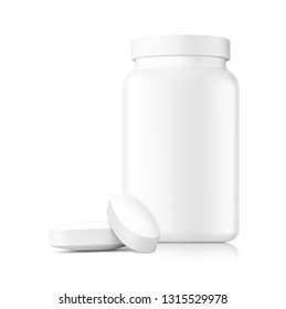 Plastic bottle with oval pills mockup isolated on white background. Can be used for medical, cosmetic. Vector illustration. EPS10.