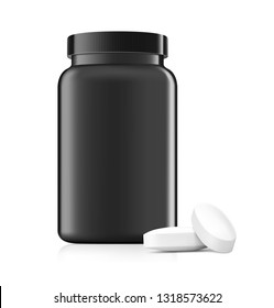 Plastic bottle with oval pills mockup isolated on white background. Can be used for medical, cosmetic. Vector illustration. EPS10.	