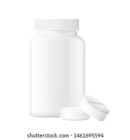 Plastic bottle with oval pills mockup isolated on white background. Can be used for medical, cosmetic. Vector illustration. EPS10.	