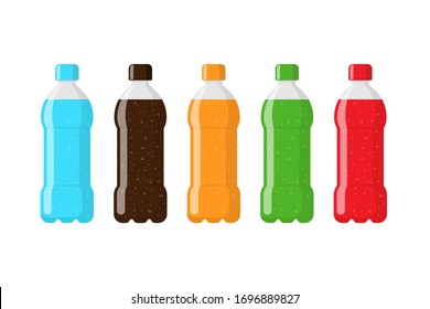 Paquete de botellas de plástico con bebidas de refresco verde naranja rojo color azul. Bebida carbonatada con burbujas en gránulos vectoriales aislados