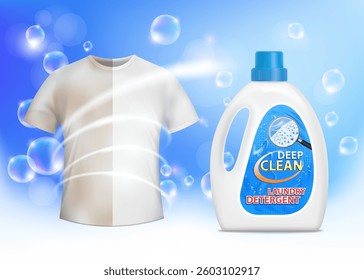 Plastic bottle packaging with washing detergent. Washed white t-shirt. Vector illustration