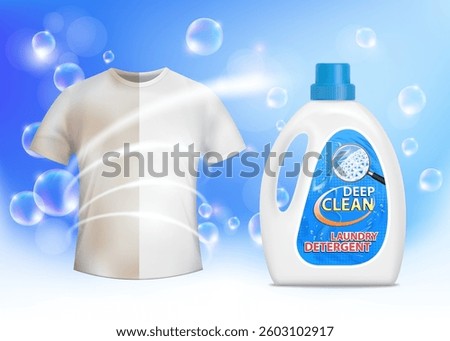 Plastic bottle packaging with washing detergent. Washed white t-shirt. Vector illustration
