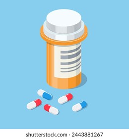 plastic bottle of pills in isometric view isolated on white background, Tablet pills medical drug pharmacy care and tablet pills antibiotic pharmaceutical. vector illustration in flat style