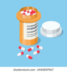 plastic bottle of pills in isometric view isolated on white background, Tablet pills medical drug pharmacy care and tablet pills antibiotic pharmaceutical. vector illustration in flat style