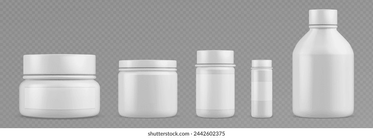 Plastic bottle for pills and supplements mockup. Realistic 3d vector set of white jar for medicine and vitamin with blank label. Template of round closed container pharmacy capsule, tablet or powder.