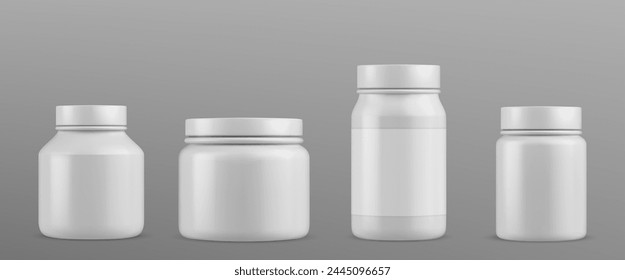 Plastic bottle for pills and supplements mockup. Realistic 3d vector set of white jar for medicine and vitamin with blank label. Template of round closed container pharmacy capsule, tablet or powder.