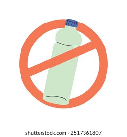 Botella de plástico en un letrero de prohibición. Promueve ninguna conciencia plástica y ambiental. Ilustración vectorial plana aislada sobre fondo blanco.