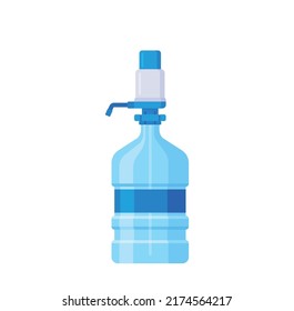 Plastic Bottle with Pump, Cooler with Faucet, Cylinder Ballon, Graphic Object Isolated on White Background. Blue Beverage Packaging For Water Or Liquid, Mockup For Ads. Cartoon Vector Illustration