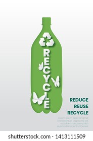 Plastic bottle with recycle sign over white background,Paper art and digital craft style