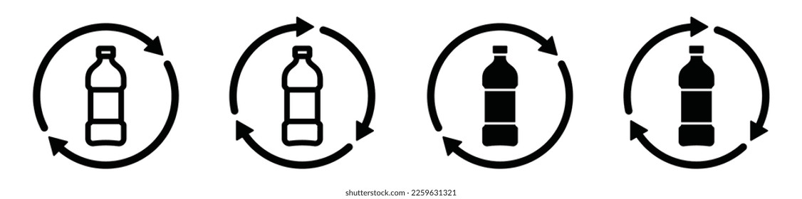 Plastic bottle recycling icon set. Plastic bottle recycle icon. Drink bottle icon. Plastic bottle and circle arrow symbol or cycle sign for apps and websites, vector illustration