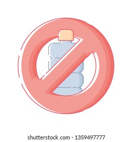 Plastic bottle in a red forbidden sign. White background. Flat linear style illustration. Vector.