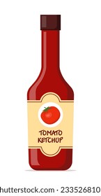 Botella plástica de salsa de tomate rojo ketchup con etiqueta. Ilustración vectorial