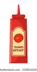 Plastic bottle of red tomato ketchup sauce with label. Vector Illustration
