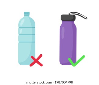Plastic bottle and reusable bottle. Zero waste concept. Vector illustration