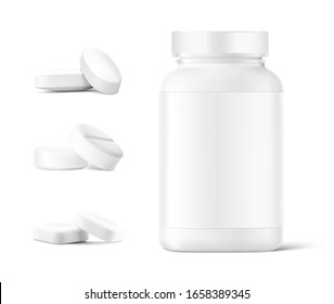 Plastic bottle with round pills mockup isolated on white background. Can be used for medical, cosmetic. Vector illustration. EPS10.	
