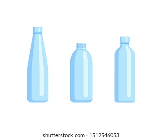 Plastic bottle set design flat oil and beverage. Set containers of different capacities large small tare. Template bottles for advertisement delivery water service vector