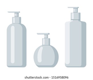 Plastic bottle set design flat oil and beverage. Set containers of different capacities large small tare. Template bottles for advertisement delivery water service vector