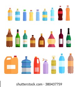 Plastic bottle set design flat oil and beverage. Water and wine, beer and whiskey