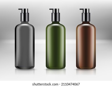 Plastic Bottle Set With Dispenser Pump For Liquid Soap , Gel, Lotion, Cream, Shampoo, Bath Foam And Other Cosmetics. Blank Product Packaging Mockup Template Design For Ads