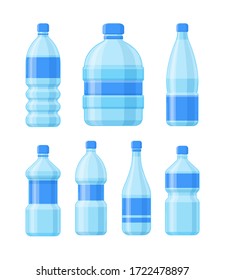 Plastic Bottle Set. Liquid Container Bottled Cider Oil Soda Convenient Form Blue Label Sports Relaxation Any Quantity Cold Water, Fresh Juice. Vector Isolated White Background Flat Style.