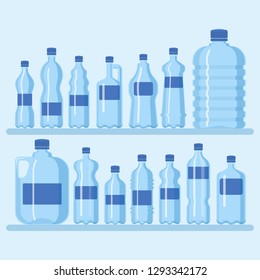 Plastic bottle set vector illustration. Different sizes of cartoon containers for water and other liquids. Shelf with blue empty bottles banner,poster, brochure. Clean water.