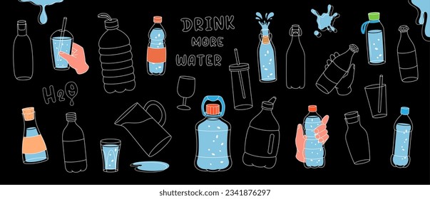 Plastic bottle set. Plastic water bottles. Drink more water. Glasses, bottles, jug, jar, flask with clean water. Isolated on black background