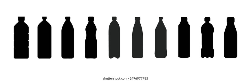 Plastic bottle silhouette icon set. Water bottle set. Plastic bottle collection. Vector illustration. Black simple illustration of tall container for water, liquid, oil. Flat design. Big collection.