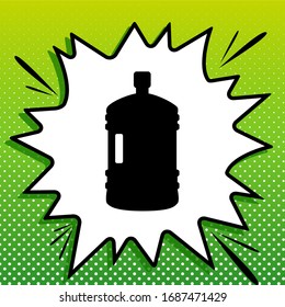 Plastic bottle silhouette sign. Black Icon on white popart Splash at green background with white spots. Illustration.