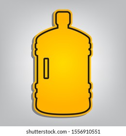 Plastic bottle silhouette sign. Flat orange icon with overlapping linear black icon with gray shadow at whitish background. Illustration.