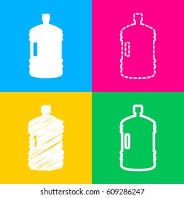 Plastic bottle silhouette sign. Four styles of icon on four color squares.